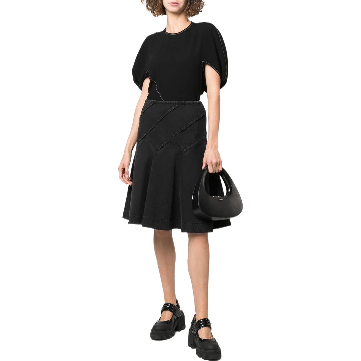 Lookbook (Women) WE11DONE  High-Waisted A-Line Denim Maxi Skirt with Pleated Hem. WD-DS1-22-345-WWB