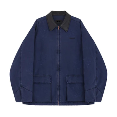 (Women) WE11DONE Navy Blue Logo Embroidered Collared Oversized Cotton Jacket WD-JP2-24-039-U-NV