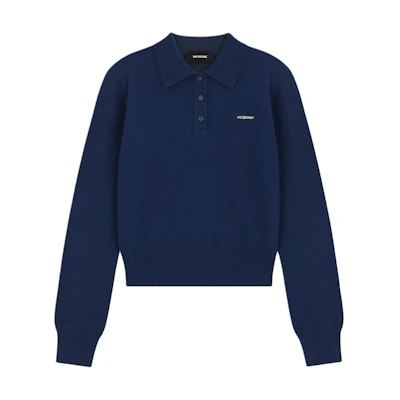 (Women) WE11DONE Navy Blue Long Sleeve Pullover Polo Shirt with Three Buttons WD-KT2-24-606-W-NV