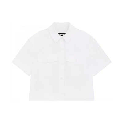(Women) WE11DONE SS24 Minimalist Button-Up Short-Sleeve Shirt in White. WD-BL1-24-158-W-WH