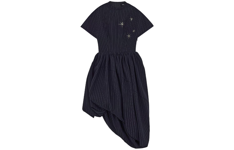 (Women) WE11DONE  Star Stripe Irregular Pleated Short Sleeve Dress. WD-OP1-22-122-W-NV