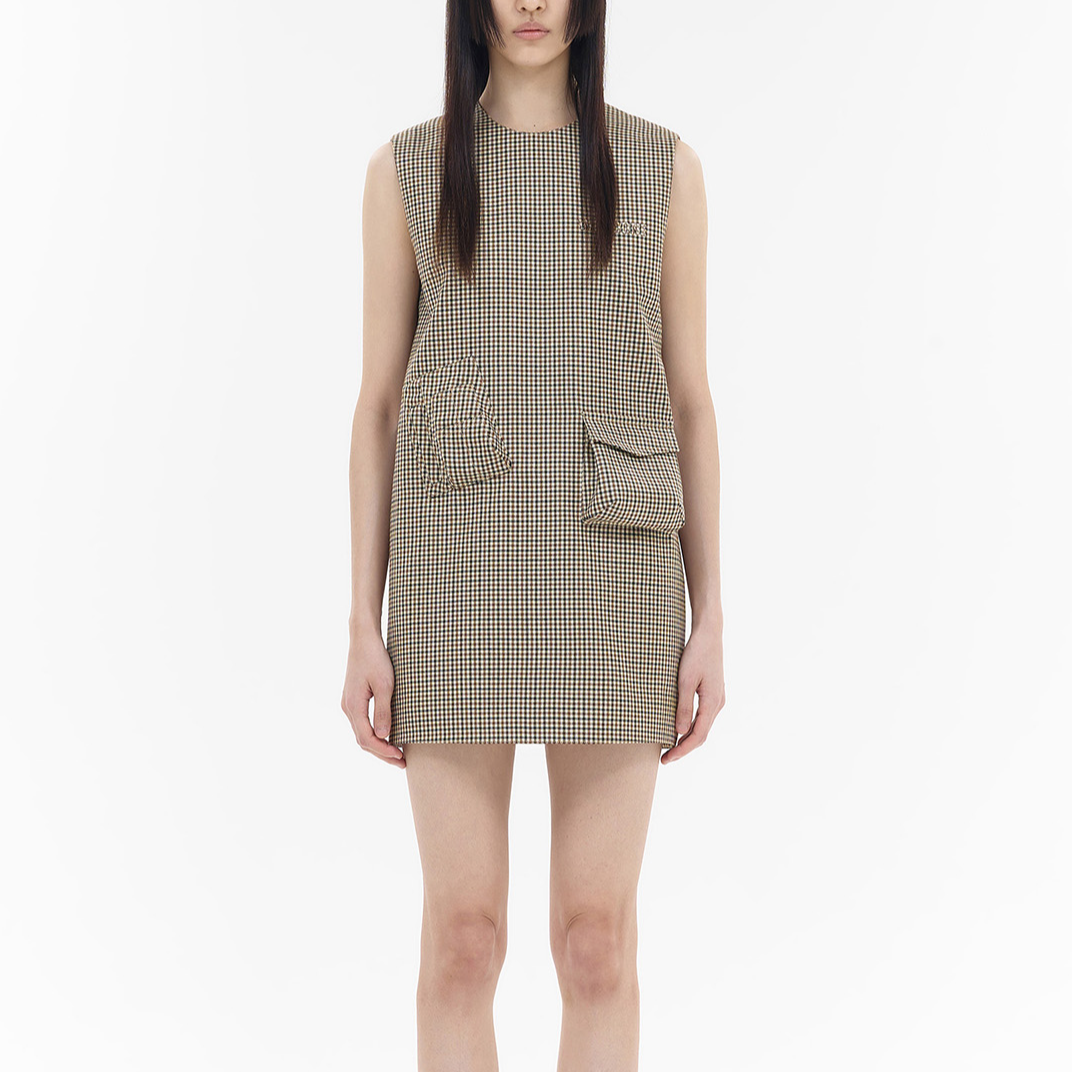 Shop (Women) WE11DONE Beige Plaid Letter Mini Sleeveless Dress  Fashion WD-OP2-24-122-W-BG