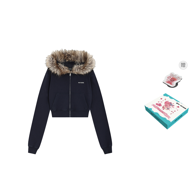 (Women) WE11DONE Cropped Zip-Up Fleece Hoodie Navy Blue  Jacket. WD-TJ2-24-854-W-NV