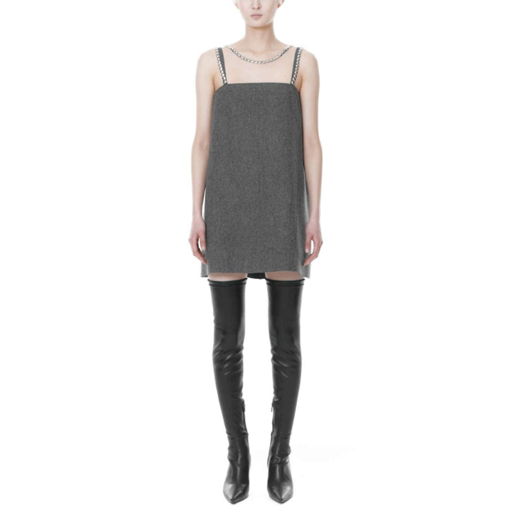 Lookbook (Women) WE11DONE FW21  Grey Wool Chain Mini A-Line Sleeveless Dress. WD-OP3-21-132-W-GY