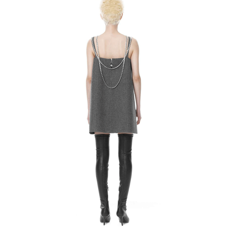 Shop (Women) WE11DONE FW21  Grey Wool Chain Mini A-Line Sleeveless Dress. WD-OP3-21-132-W-GY