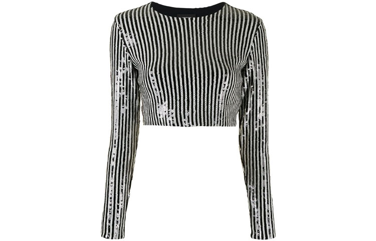 (Women) WE11DONE FW21  Sequin Striped Cropped Long Sleeve T-Shirt Black WD-BL1-21-190-W-BLACK