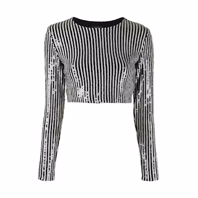 (Women) WE11DONE FW21 Sequin Striped Cropped Long Sleeve T-Shirt Black WD-BL1-21-190-W-BLACK