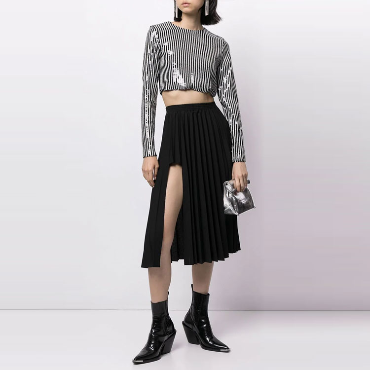 Lookbook (W) WE11DONE FW21 黑色亮片條紋露腰長袖T恤 WD-BL1-21-190-W-BLACK