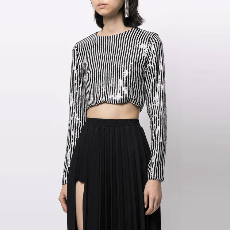 Purchase (W) WE11DONE FW21 黑色亮片條紋露腰長袖T恤 WD-BL1-21-190-W-BLACK