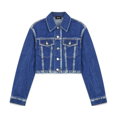 (Women) WE11DONE FW22 Blue Cropped Denim Jacket with Single Button Closure WD-DJ3-22-309-W-BL