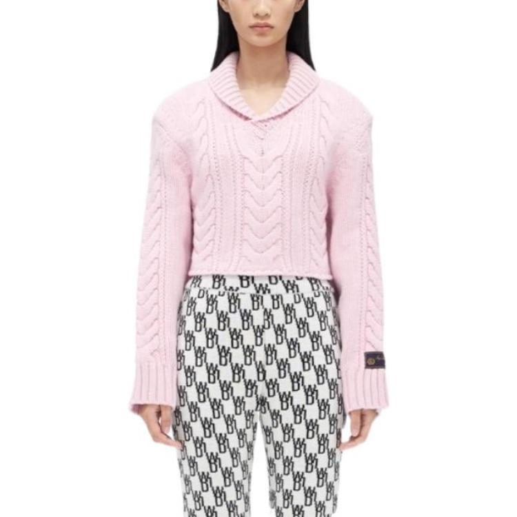 Lookbook (W) WE11DONE FW22 粉色V領扭結細節羊毛短款開衫毛衣. WD-KT3-22-642-W-PK