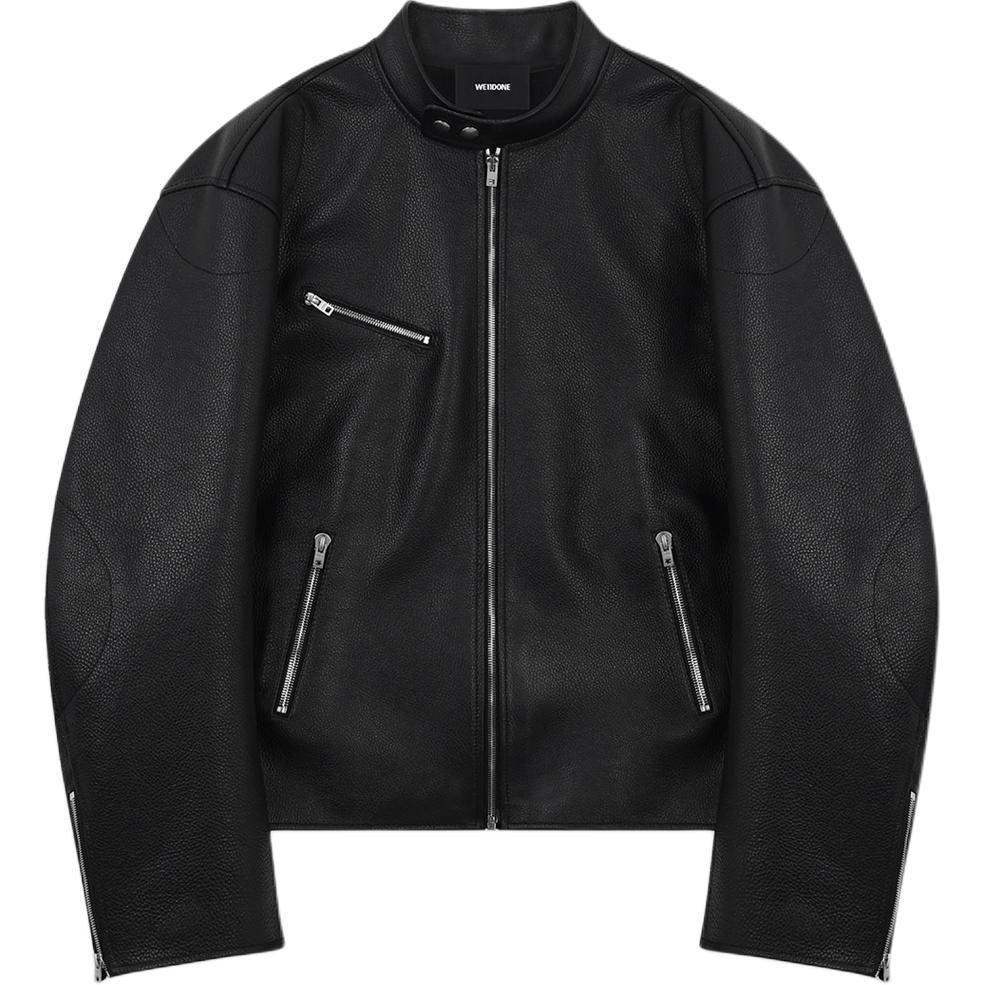(Women) WE11DONE FW24  Black Oversized Leather Jacket with Zip Closure. WD-R52-24-096-U-BK