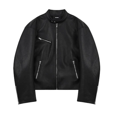 (Women) WE11DONE FW24 Black Oversized Leather Jacket with Zip Closure. WD-R52-24-096-U-BK