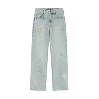 (Women) WE11DONE FW24 Light Blue Straight-Leg Denim Jeans with Rhinestone Zipper. WD-DP2-24-343-W-SK
