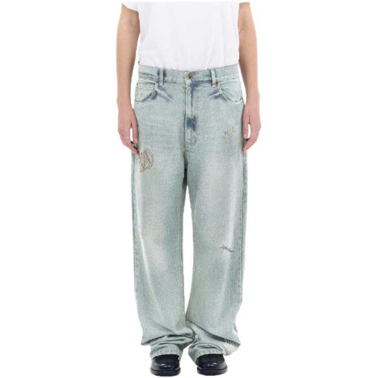 Shop (W) WE11DONE FW24 淺藍直筒丹寧牛仔褲帶水鑽拉鍊. WD-DP2-24-343-W-SK