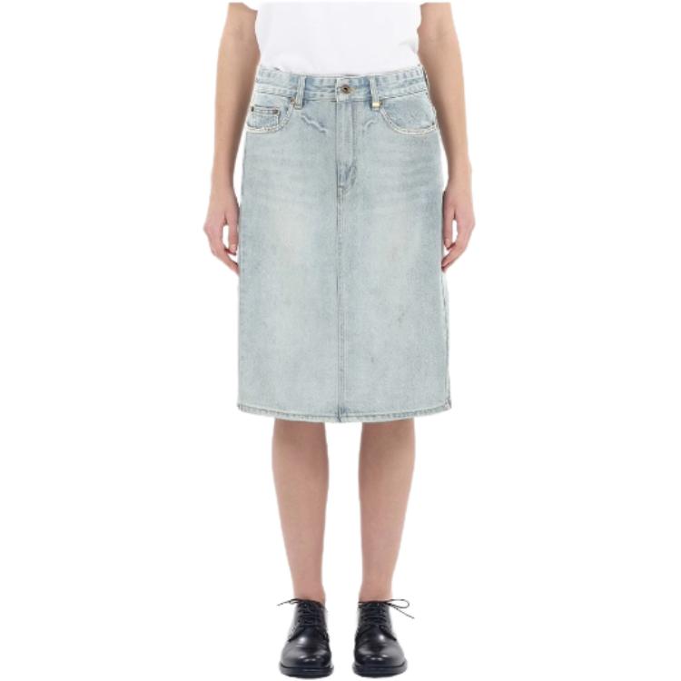 Shop (Women) WE11DONE FW24  Washed Denim Midi Skirt with Zipper Closure Light Blue WD-DS2-24-372-W-SK