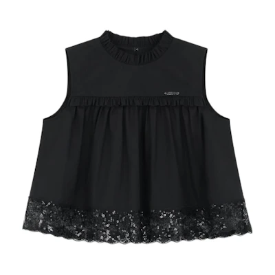 (Women) WE11DONE FW24 Black Lace Ruffle Sleeveless Blouse Crew Neck Top WD-BL2-24-140-W-BK