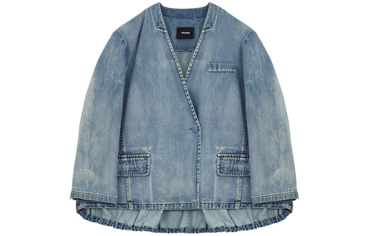 (Women) WE11DONE SS22  Washed Denim Jacket with V-Neck and Pleats Blue. WD-DJ1-22-353-W-BL