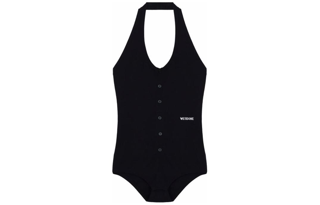 (Women) WE11DONE SS24  Black Halter Neck Embroidered Logo Bodysuit. WD-KB1-24-612-W-BK