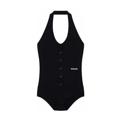 (Women) WE11DONE SS24 Black Halter Neck Embroidered Logo Bodysuit. WD-KB1-24-612-W-BK