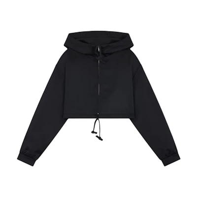 (Women) WE11DONE SS24 Black Satin Drawstring Short Hooded Jacket. WD-JP0-24-091-W-BK