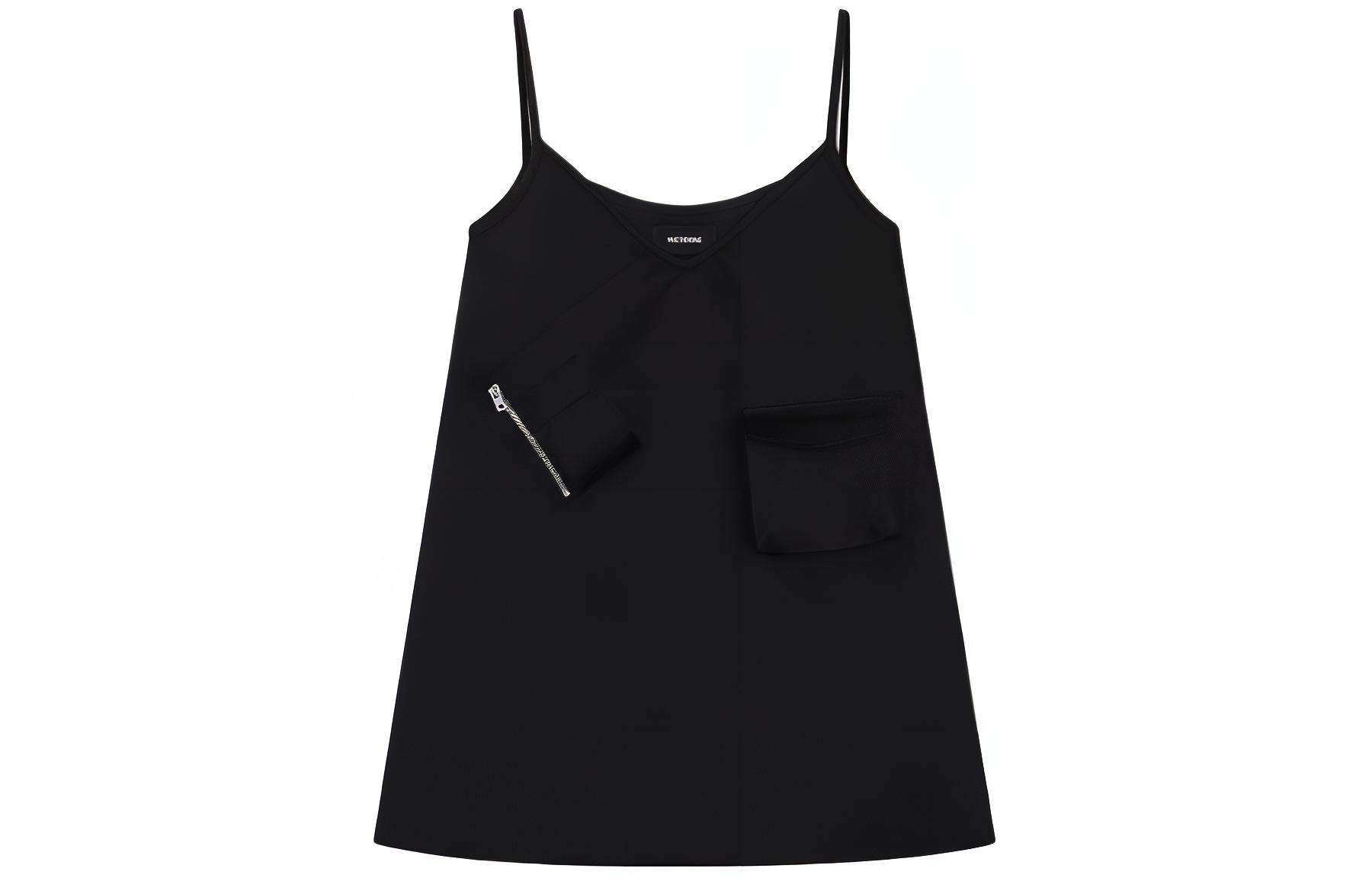 (Women) WE11DONE SS24  Black Satin V-Neck Slip Dress with Zippered Pocket. WD-OP0-24-149-W-BK