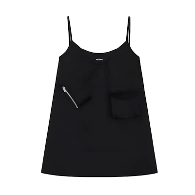 (Women) WE11DONE SS24 Black Satin V-Neck Slip Dress with Zippered Pocket. WD-OP0-24-149-W-BK