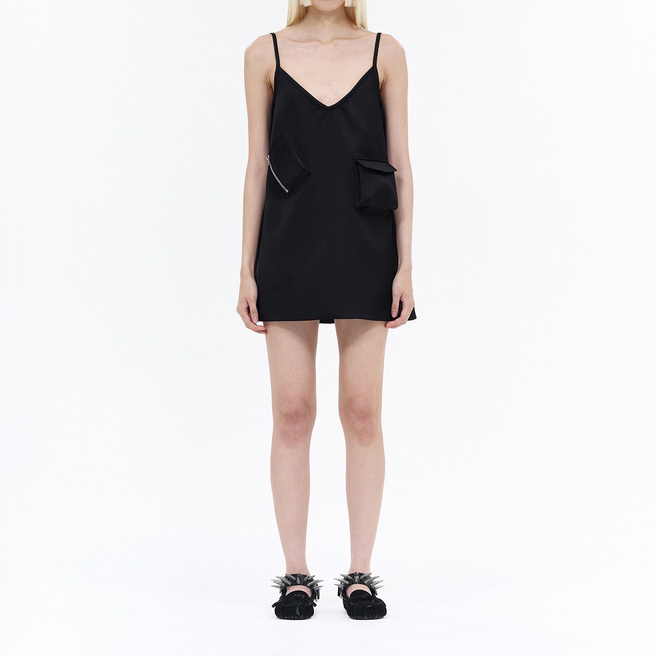 Shop (Women) WE11DONE SS24  Black Satin V-Neck Slip Dress with Zippered Pocket. WD-OP0-24-149-W-BK