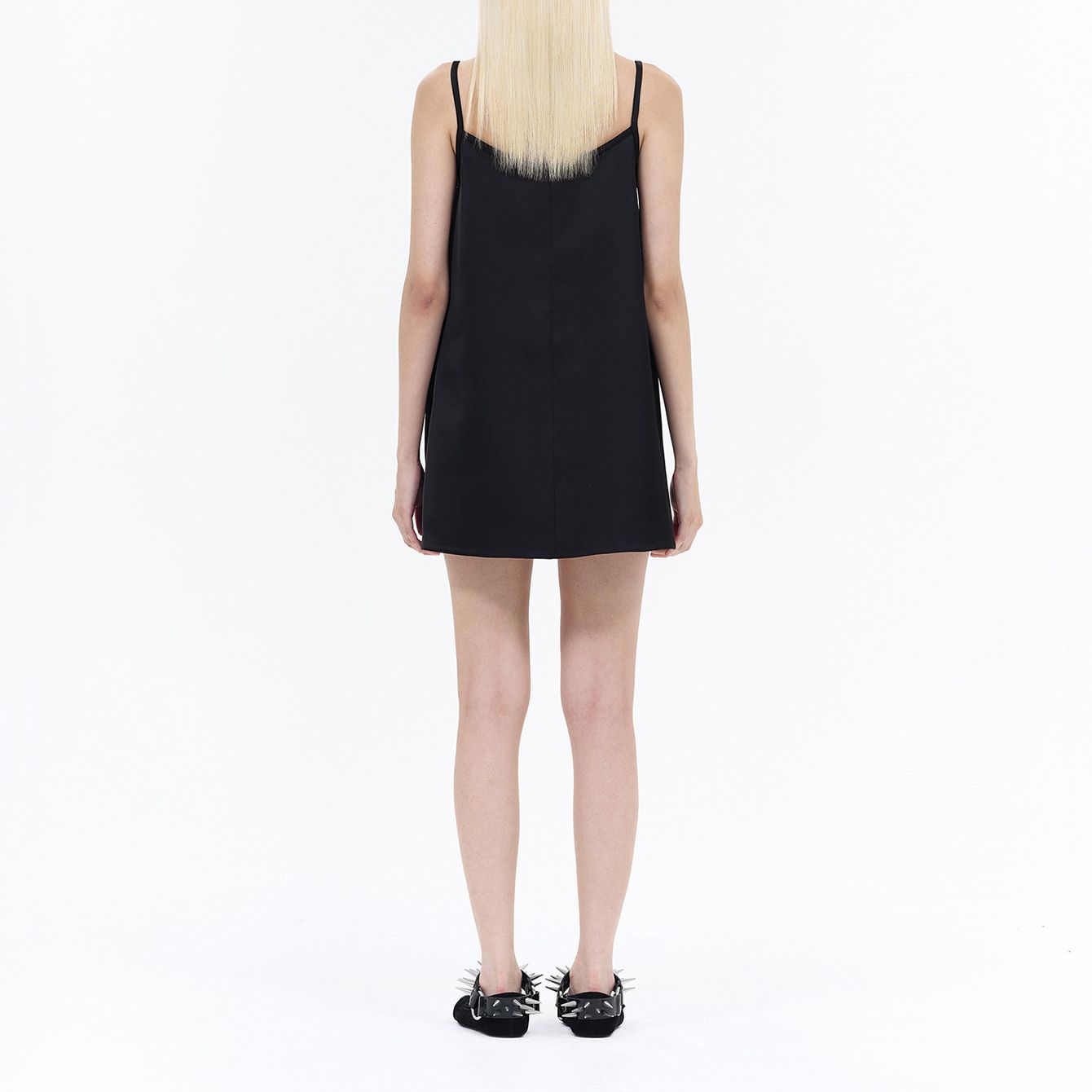Purchase (Women) WE11DONE SS24  Black Satin V-Neck Slip Dress with Zippered Pocket. WD-OP0-24-149-W-BK