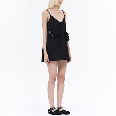 (Women) WE11DONE SS24 Black Satin V-Neck Slip Dress with Zippered Pocket. WD-OP0-24-149-W-BK Details for (Women) WE11DONE SS24 Black Satin V-Neck Slip Dress with Zippered Pocket. WD-OP0-24-149-W-BK