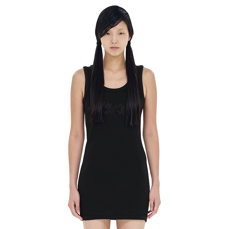 Shop (Women) WE11DONE SS24  Black Sleeveless U-Neck Dress with Rhinestone Details WD-TO1-24-898-W-BK