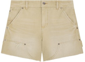 (Women) WE11DONE SS24 Mid-Rise Beige Denim Shorts with Zipper & Embroidered Logo. WD-DP0-24-383-W-BG (Women) WE11DONE SS24 Mid-Rise Beige Denim Shorts with Zipper & Embroidered Logo. WD-DP0-24-383-W-BG