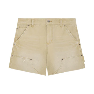 (Women) WE11DONE SS24 Mid-Rise Beige Denim Shorts with Zipper & Embroidered Logo. WD-DP0-24-383-W-BG