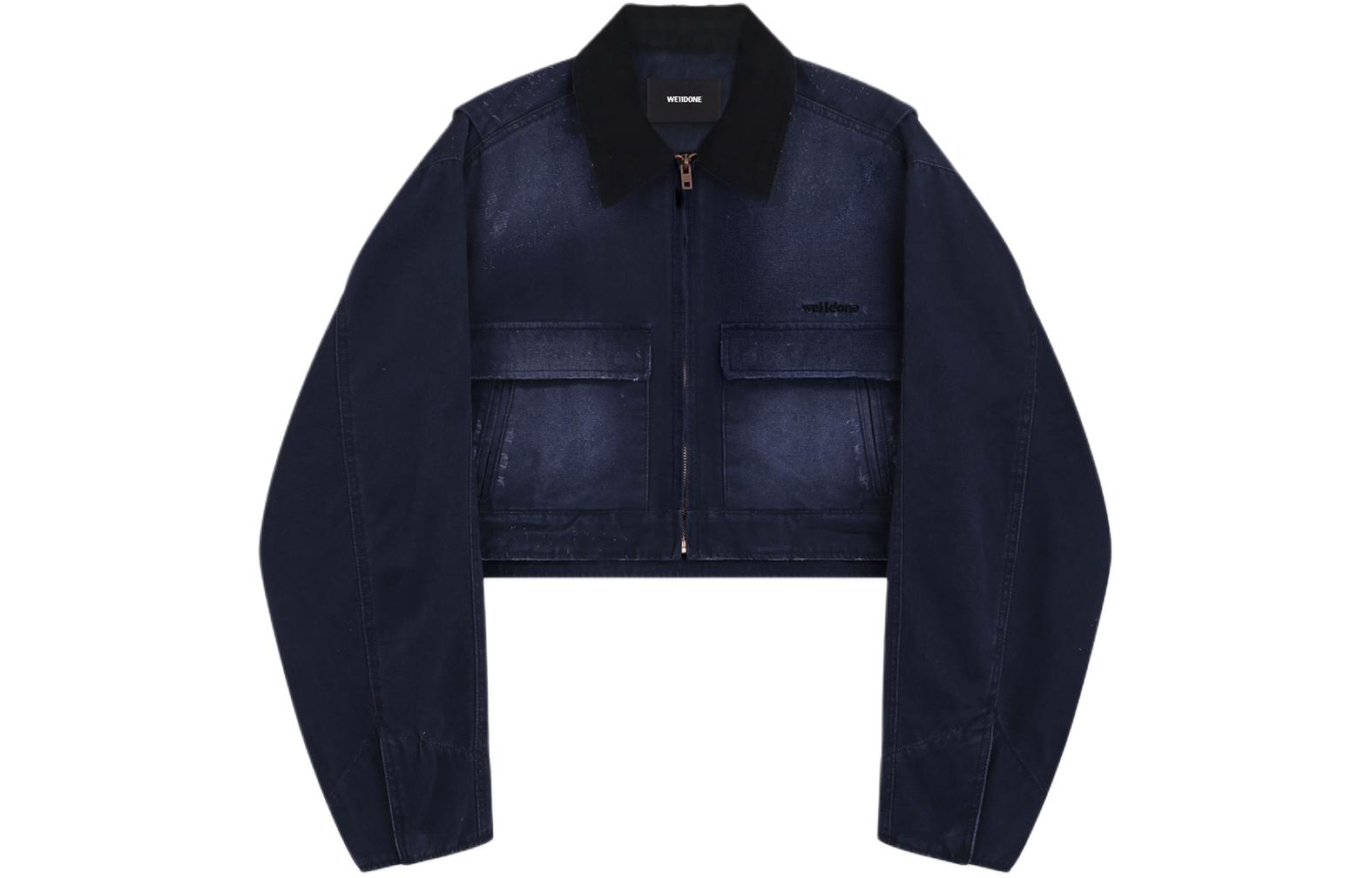 (Women) WE11DONE SS24  Washed Denim Short Jacket with Logo & Dual Pockets - Blue WD-DJ0-24-309-W-NV