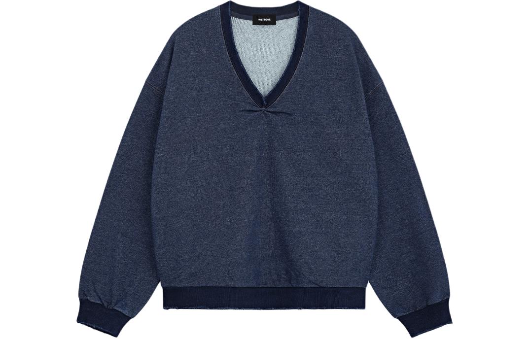 (Women) WE11DONE SS24 Blue Faux Denim V-Neck Pullover Sweatshirt Women. WD-TS0-24-797-W-BL