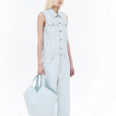 (W) WE11DONE SS24 Rompi Denim Jahitan Kontras Warna Biru Muda WD-DV0-24-397-W-IC Details for (W) WE11DONE SS24 Rompi Denim Jahitan Kontras Warna Biru Muda WD-DV0-24-397-W-IC