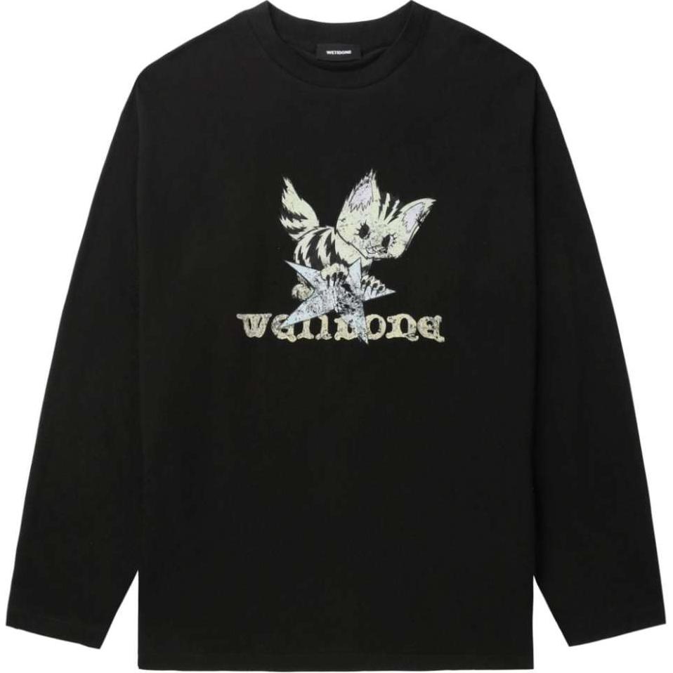 (Women) WE11DONE SS24 Monster Cat Logo Oversized Long Sleeve Drop Shoulder Tee Black WD-TT2-24-905-U-BK