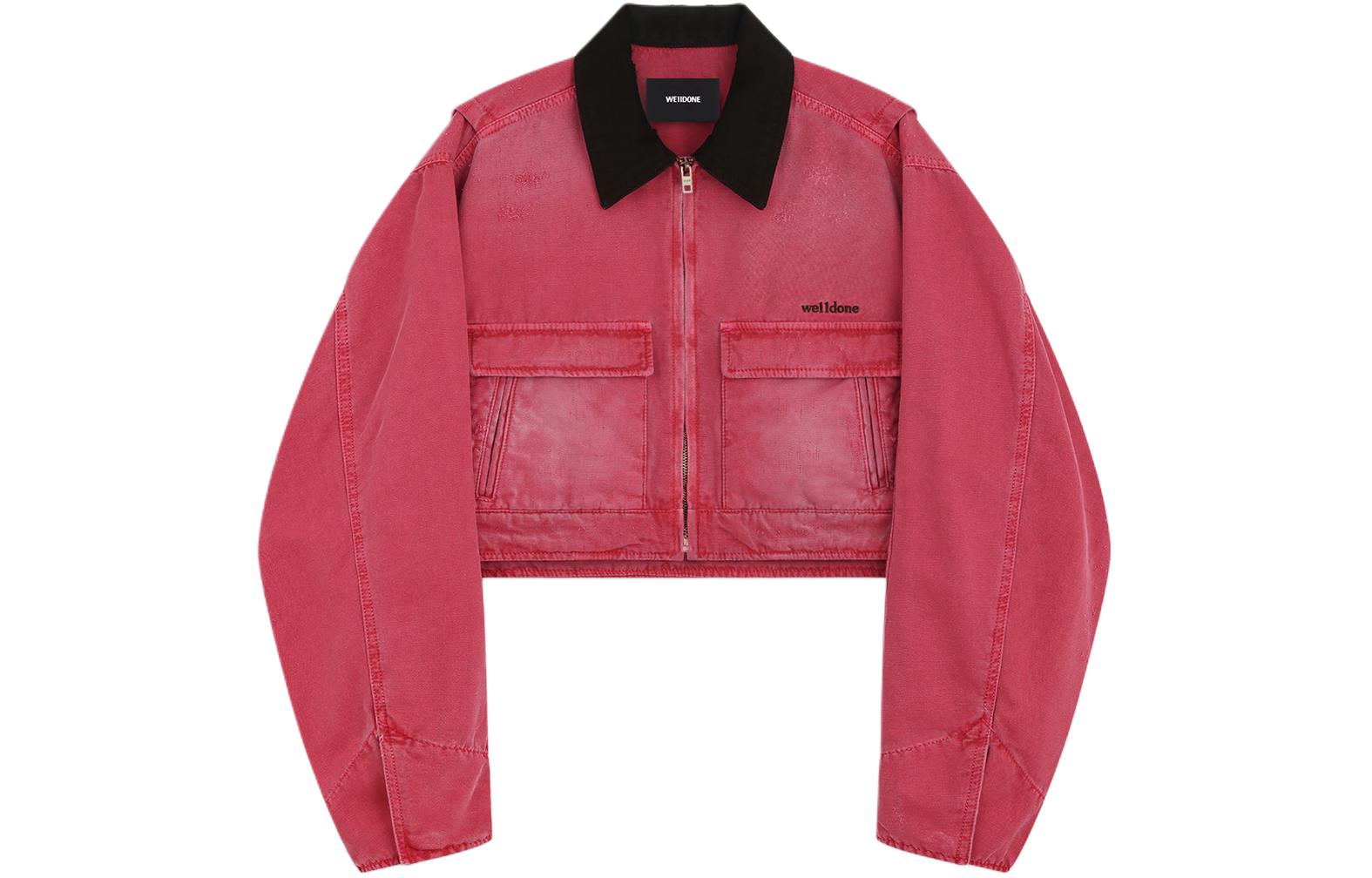 (Women) WE11DONE SS24 Pink Washed Logo Denim Jacket  Short Zip-Up Colorblock Design WD-DJ0-24-309-W-PK