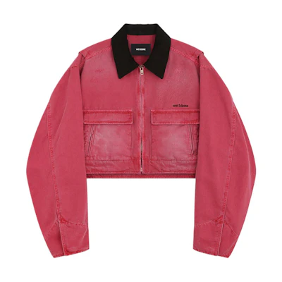 (Women) WE11DONE SS24 Pink Washed Logo Denim Jacket Short Zip-Up Colorblock Design WD-DJ0-24-309-W-PK