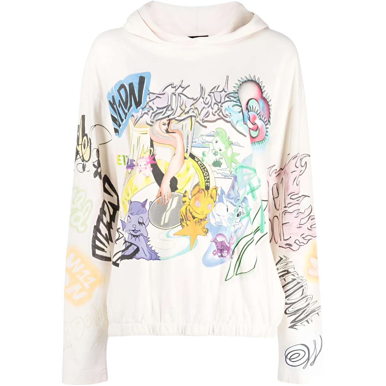 (Women) WE11DONE White Pullover Hoodie with All-Over Letter Print WD-TH3-23-892-U-IV