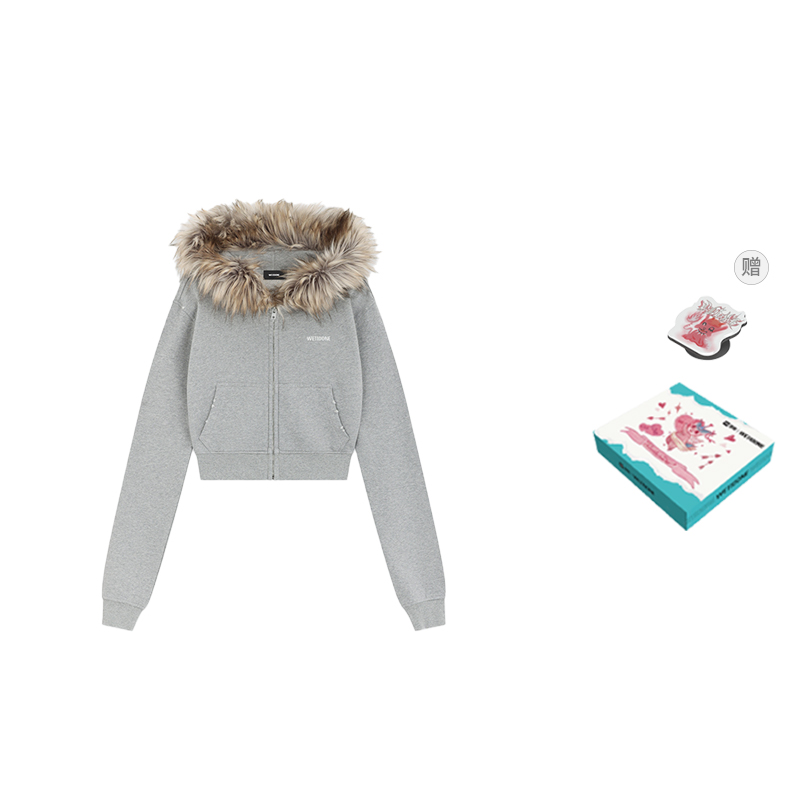 (Women) WE11DONE Y2K Girlfriend Style Short Fleece Zip Hoodie Jacket Women Grey. WD-TJ2-24-854-W-MG