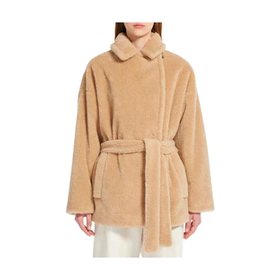 (Women) WEEKEND MaxMara Beige Belted Wool Coat with Collar Detail. 5081074106