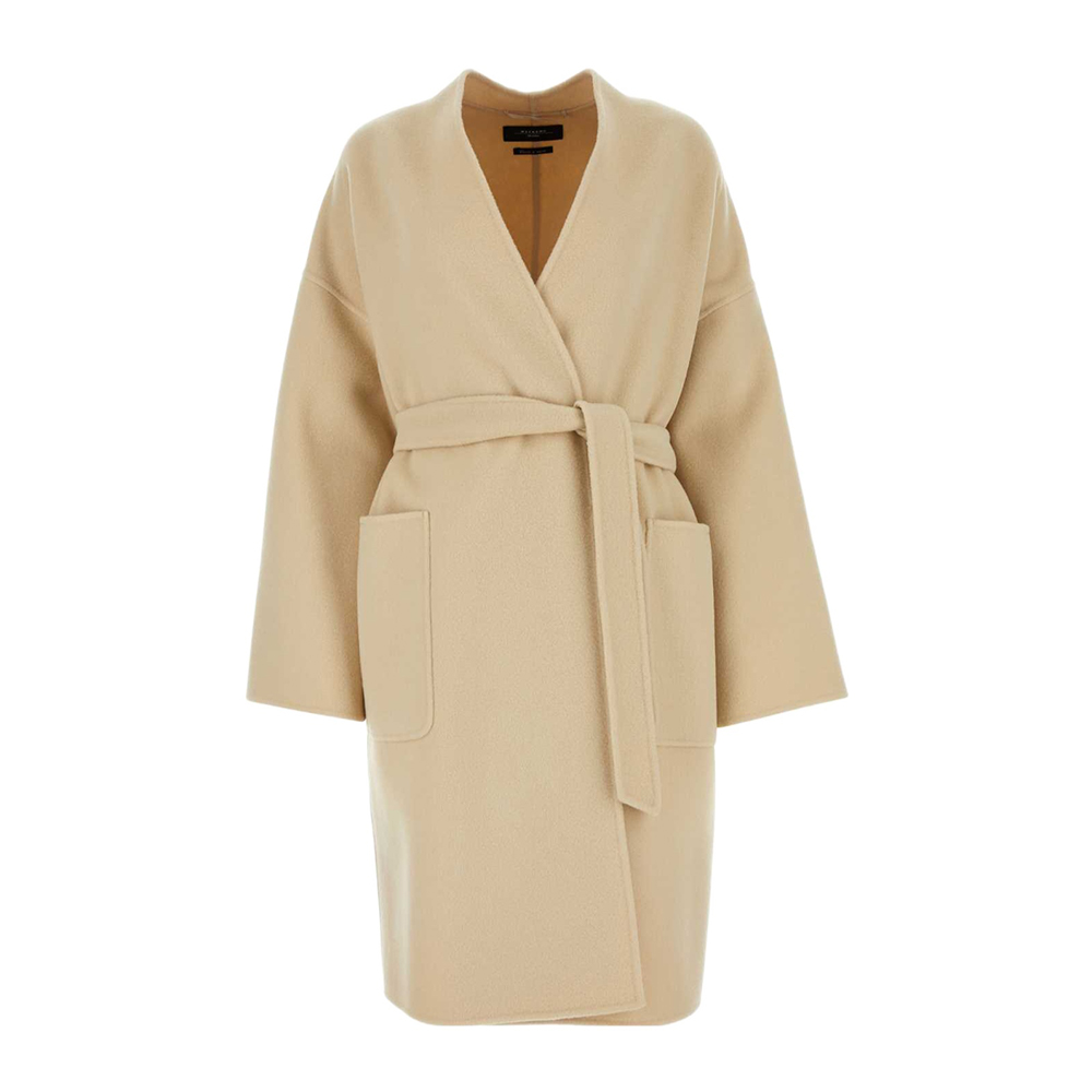 (Women) WEEKEND MaxMara  Beige V-Neck Belted Long Coat with Long Sleeves 5016014106064-ERIS