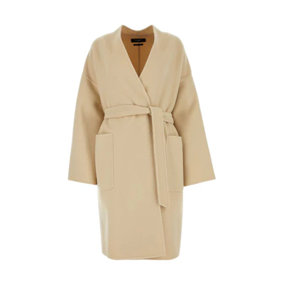 (Women) WEEKEND MaxMara Beige V-Neck Belted Long Coat with Long Sleeves 5016014106064-ERIS