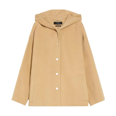 (Women) WEEKEND MaxMara Brown Solid Long Coat with Hoodie and Buttons 5086024106-065