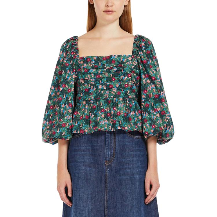 Shop (W) WEEKEND MaxMara  Atasan Lengan Panjang Hijau Motif Kotak Leher Persegi Panjang 5161044206-006