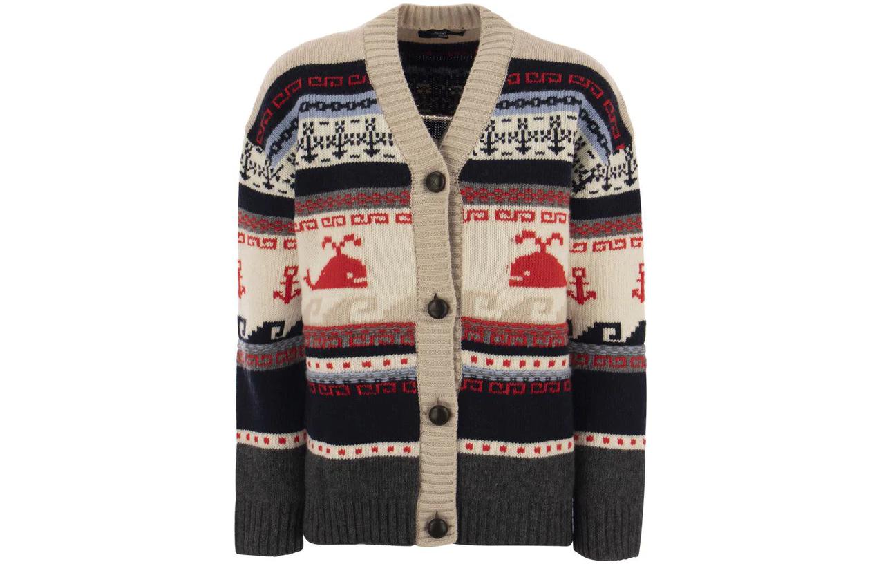 (Women) WEEKEND MaxMara  Striped Animal Print V-Neck Button Long-Sleeve Sweater. 2353460633600-001