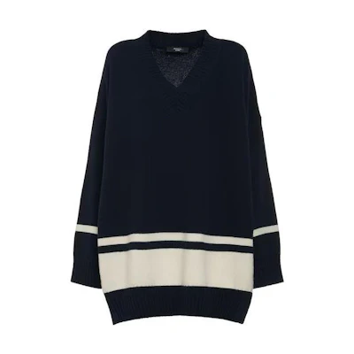 (Women) WEEKEND MaxMara Striped V-Neck Loose Fit Long Sleeve Sweater Blue 2353661333600