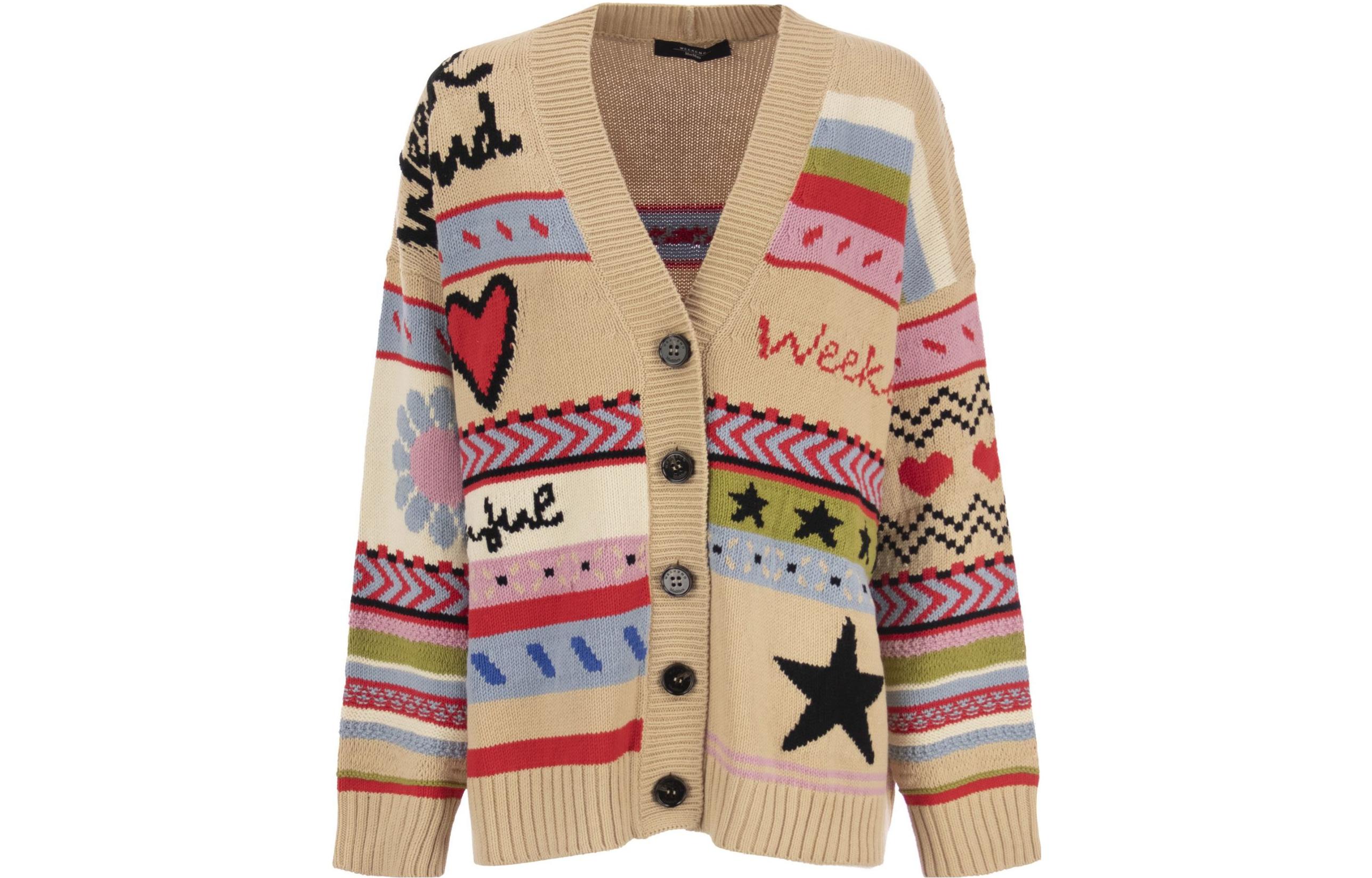 (Women) WEEKEND MaxMara  V-Neck Pattern Button-Up Sweater Beige Color 2353460639600001