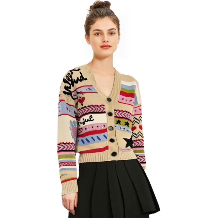 Shop (W) WEEKEND MaxMara V领图案纽扣开衫毛衣 米色 2353460639600001